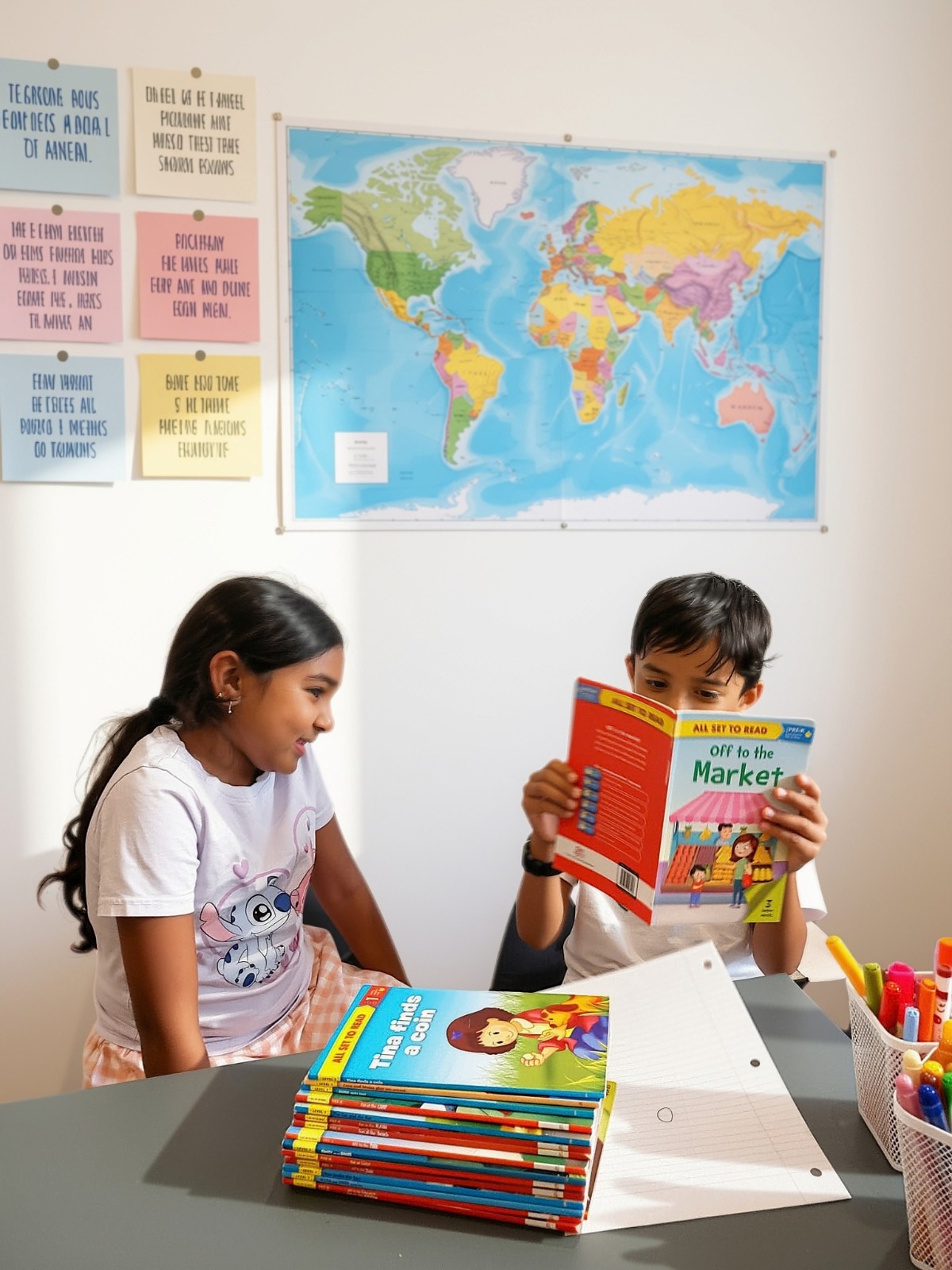 Two children at a KCA desk with a stack of readers, one reading aloud under a world map and a wall of idea notes
