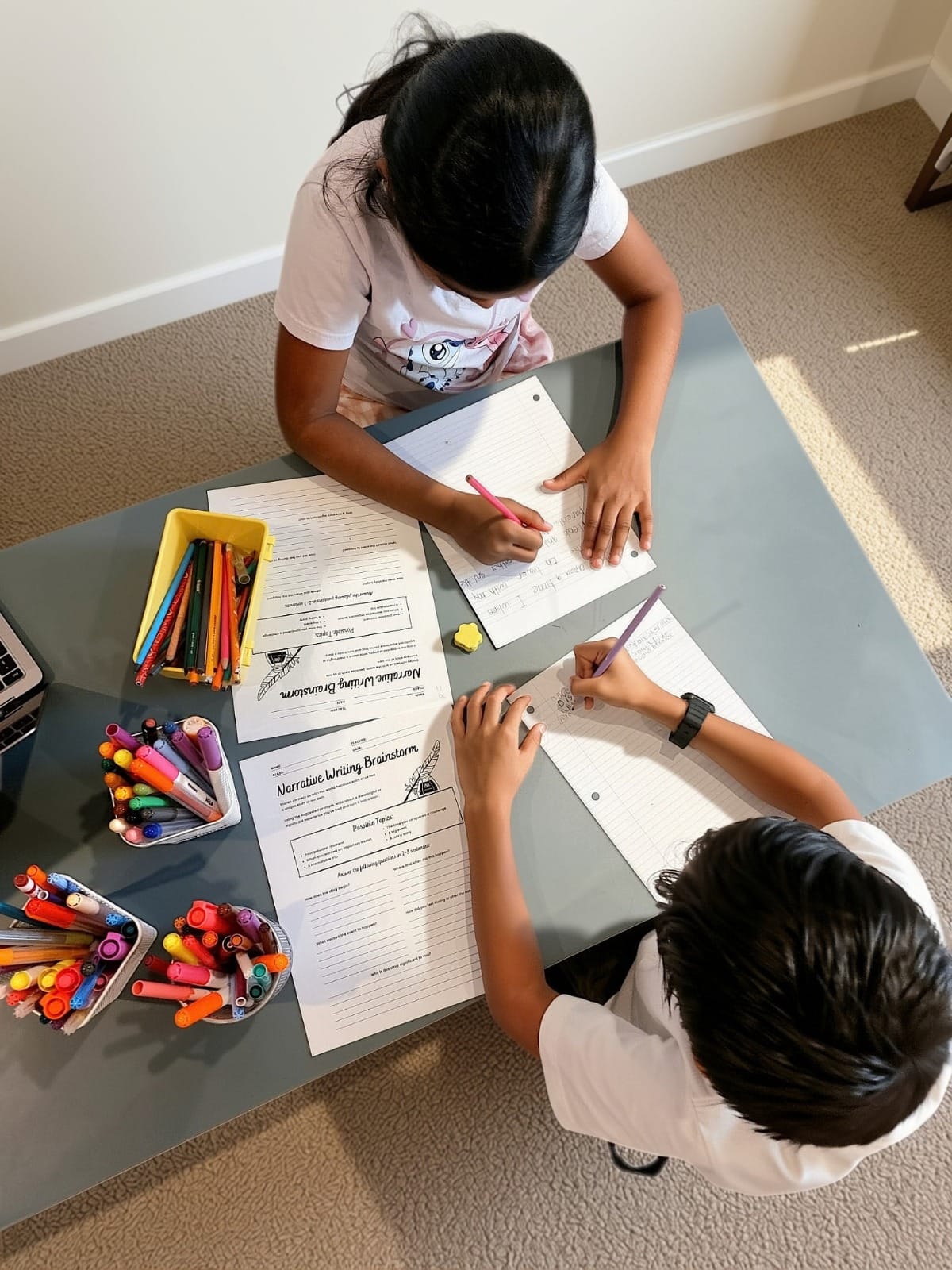 Two children at a desk drafting stories on narrative writing worksheets